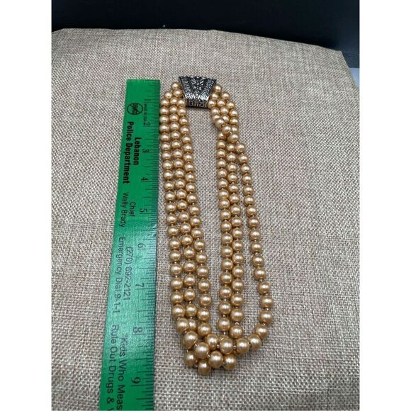 Vintage Multi Strand Champagne Pearl Choker Necklace Magnetic Closure - Picture 11 of 12
